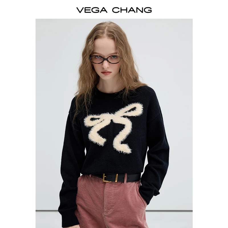 VEGA CHANG毛衣女2024秋冬新款慵懒仿貂毛蝴蝶结圆领套头毛针织衫