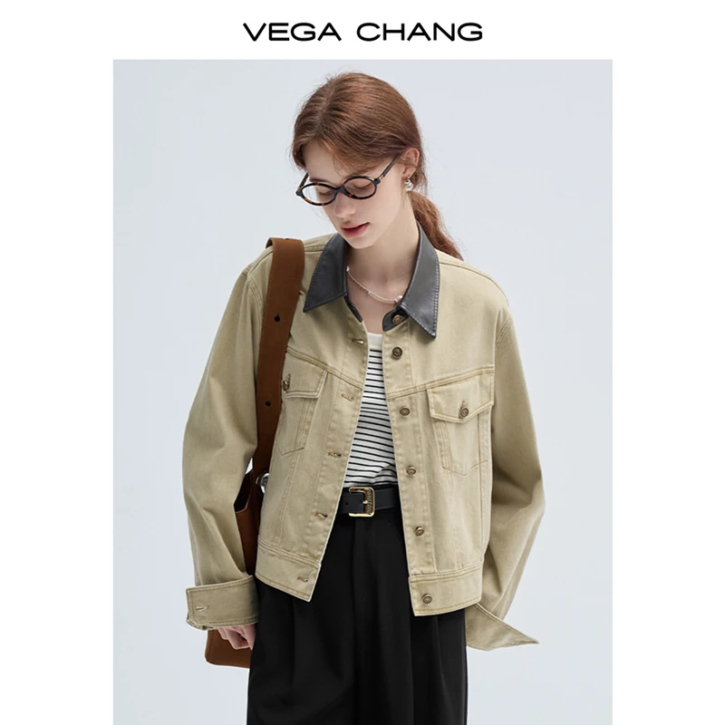 VEGA CHANG复古皮领拼接 提升盐系帅气值 翻领短外套7255JJ