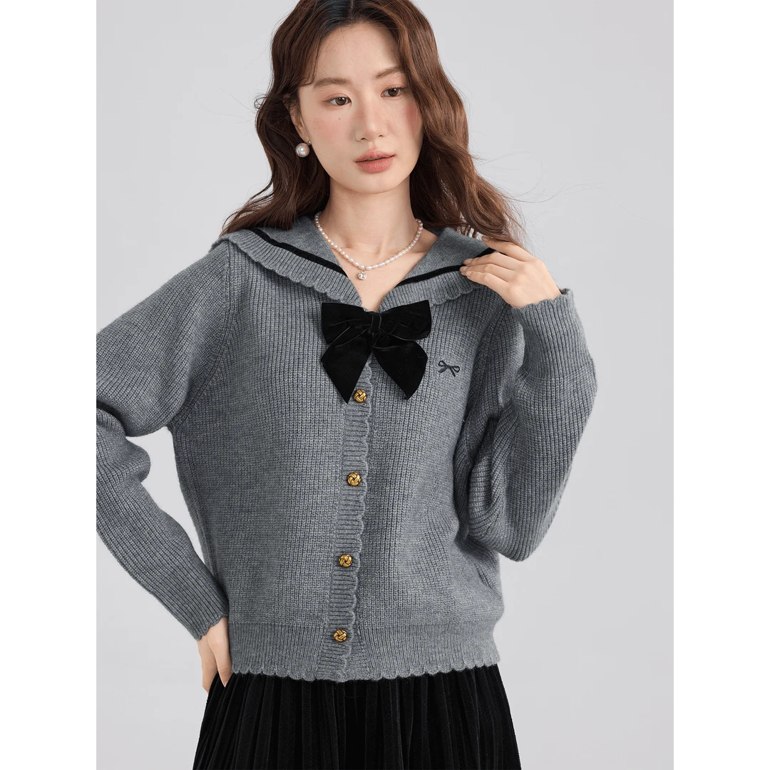 爱蔷薇大码蝴蝶结娃娃领开衫毛衣女秋冬外套灰色针织上衣GT75156