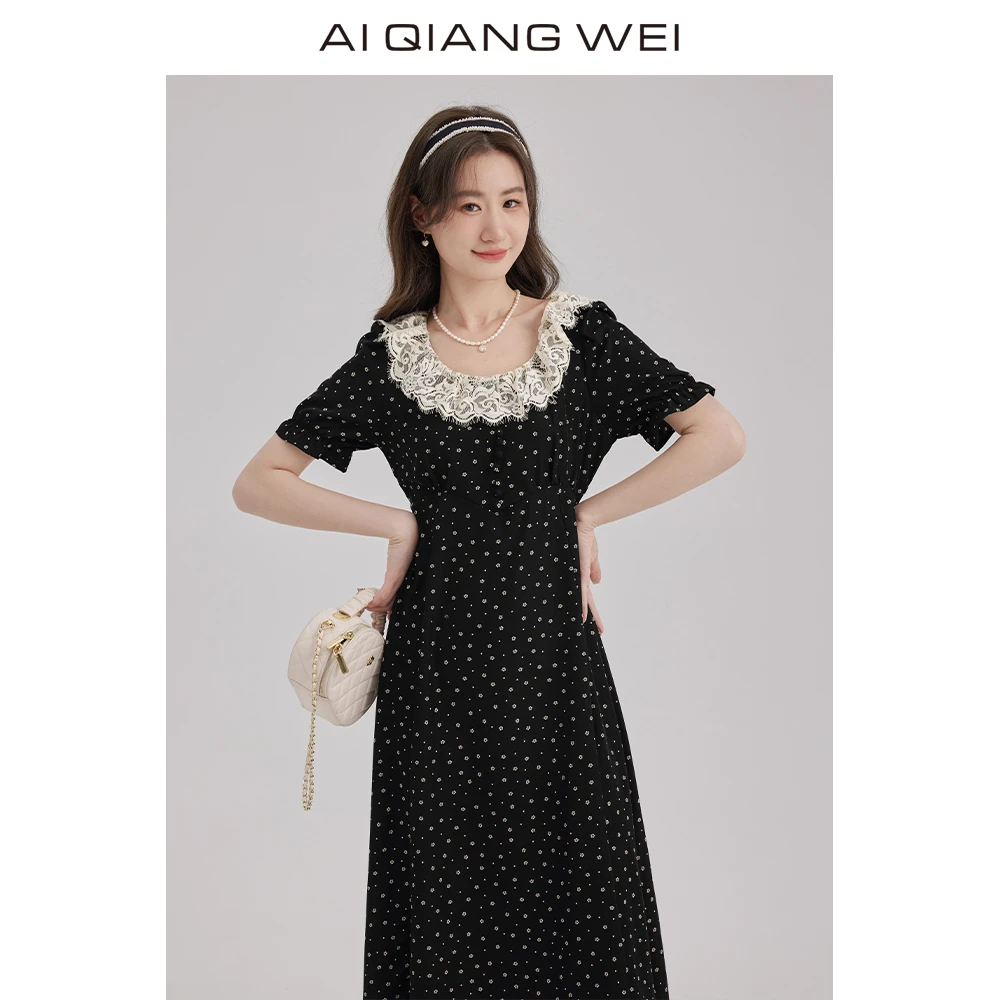爱蔷薇大码法式复古连衣裙女2025夏季碎花裙黑色气质长裙GT68806