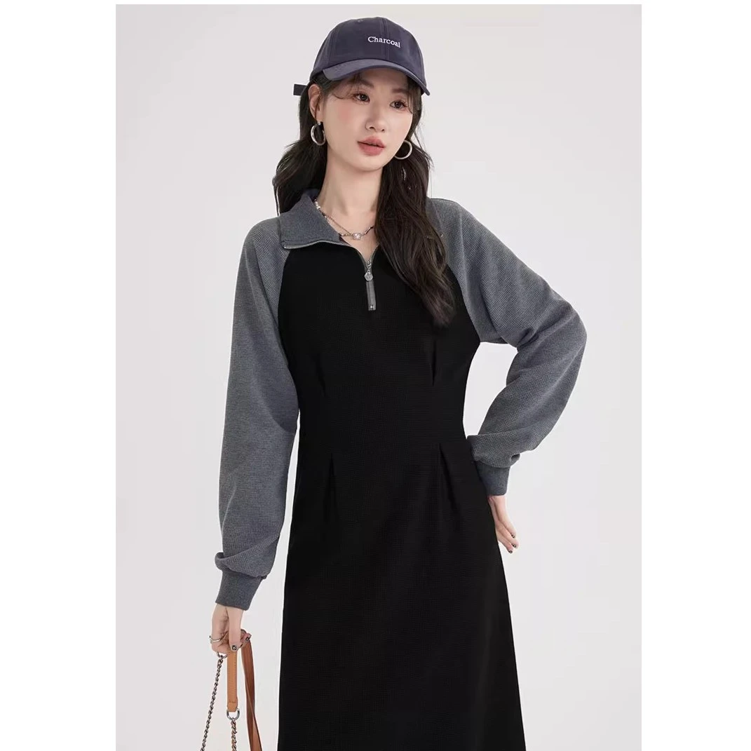 爱蔷薇大码polo领休闲连衣裙秋季女连帽撞色时尚卫衣裙GT70336