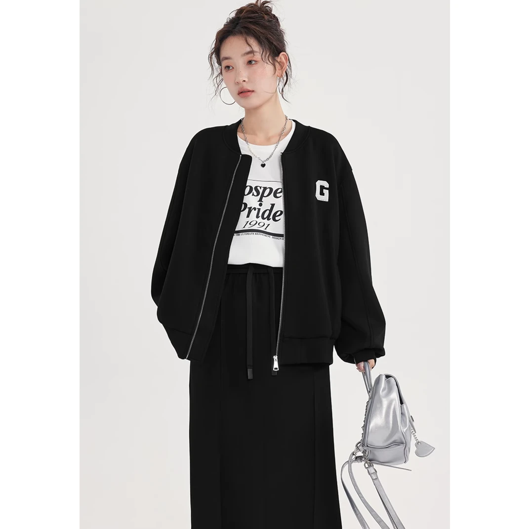 爱蔷薇大码胖mm女外套秋季套装棒球服半身裙两件套设计感GT70185