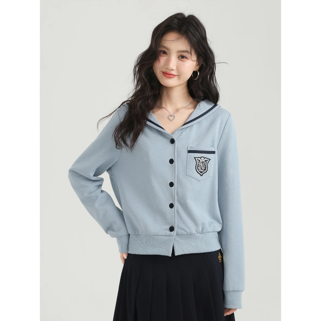 爱蔷薇大码女装蓝色海军领卫衣女新款秋季穿搭学院风上衣GT73668