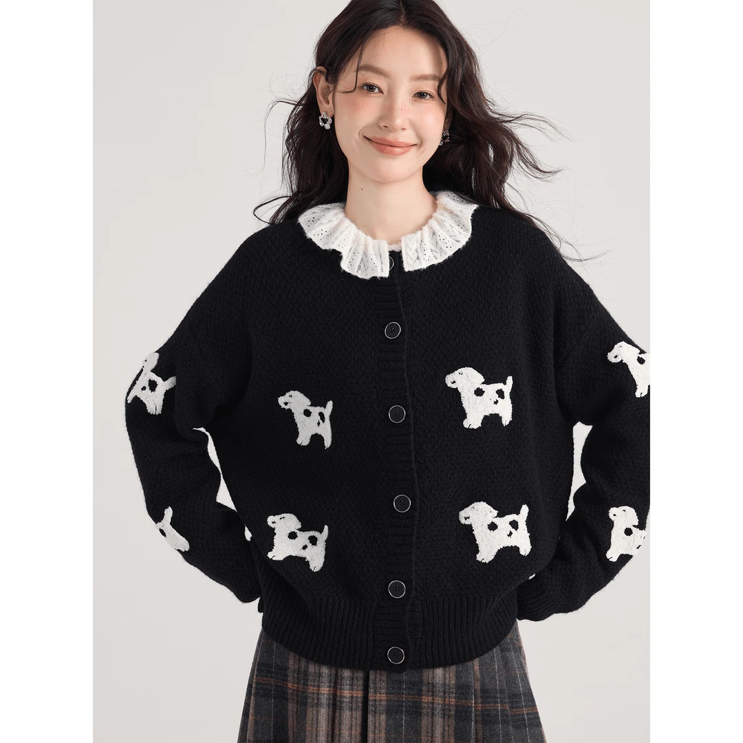 爱蔷薇毛衣开衫女2024新款外套大码高级感小狗刺绣针织衫GT74668