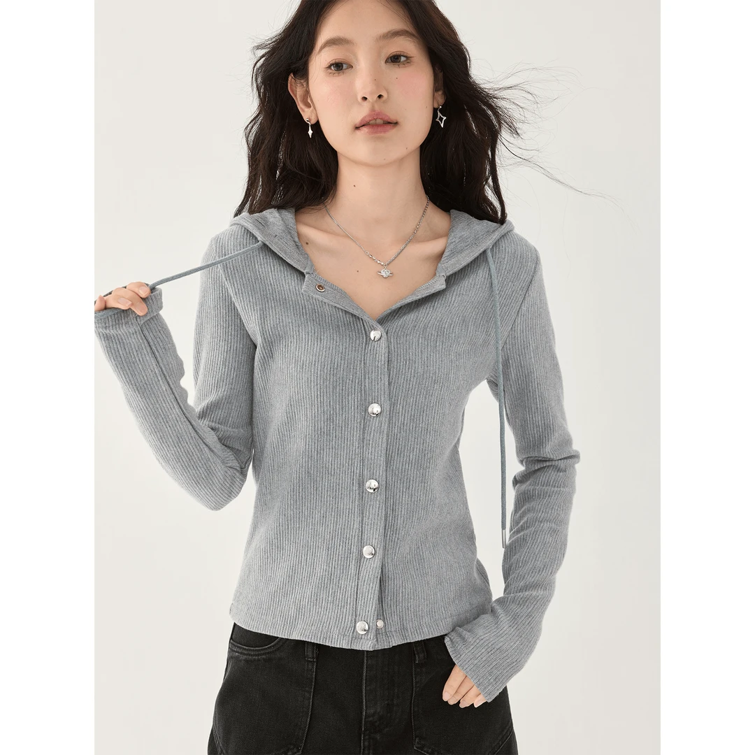 爱蔷薇大码胖mm灰色连帽针织衫女秋季外穿拉链开衫上衣女GT74303