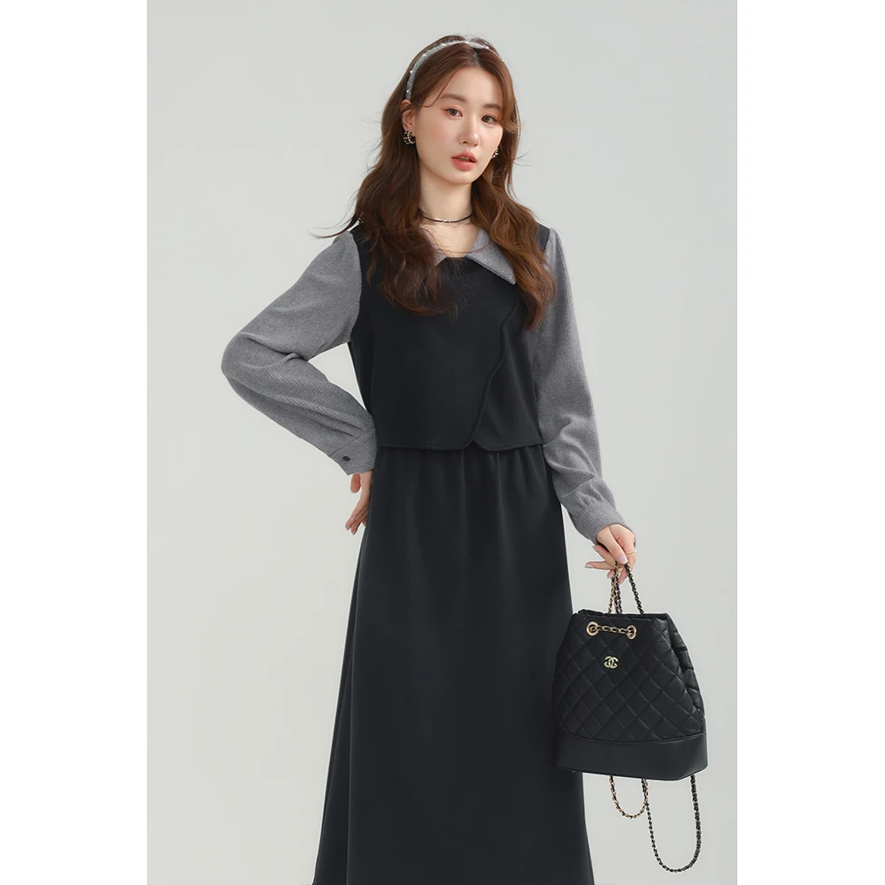 爱蔷薇大码茶歇裙法式气质连衣裙2023新款女秋冬高级灰色显瘦长裙