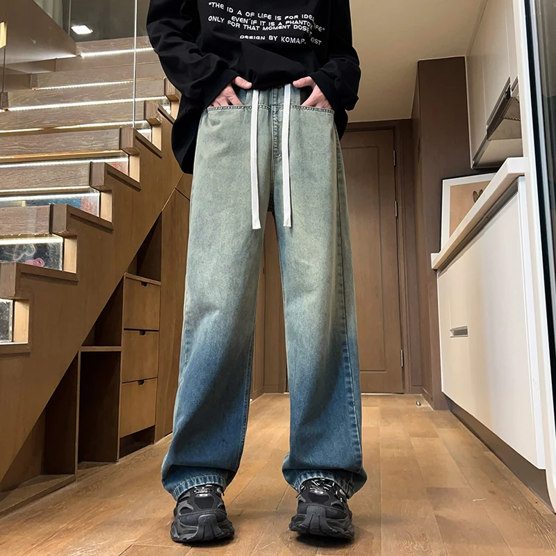 潮牌港风复古渐变水洗牛仔裤男宽松潮流裤子高街百搭休闲长裤ins