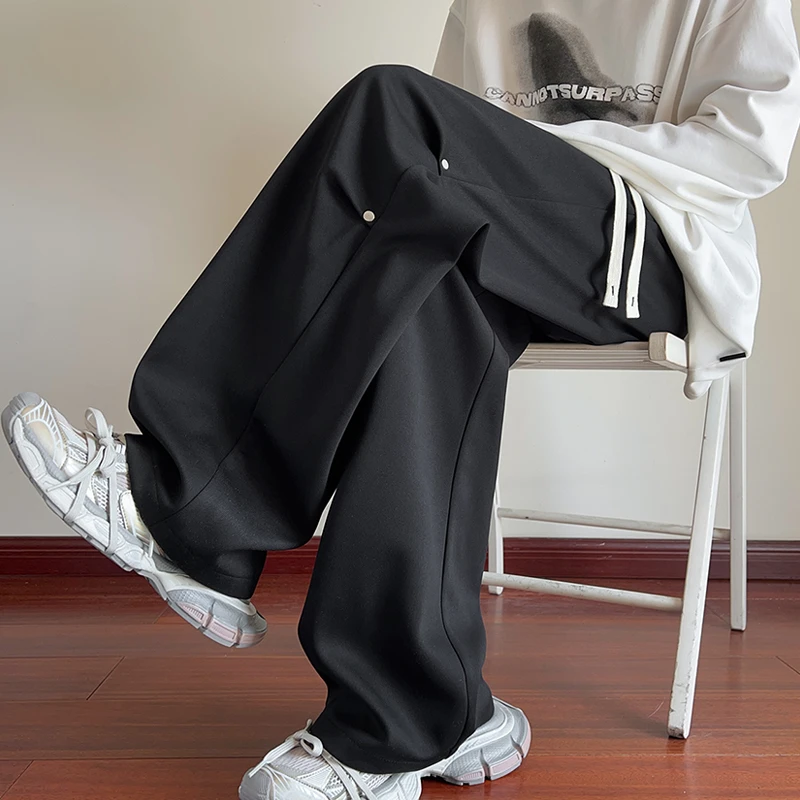 2025春秋新款长裤男士高街阔腿百搭宽松休闲裤铆钉设计感裤子黑色