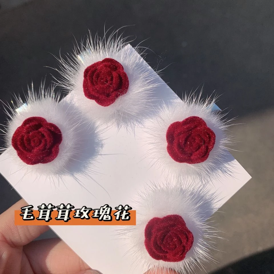 秋冬新款植绒玫瑰花毛茸茸发侧边夹刘海夹鸭嘴夹ins超仙甜美发饰