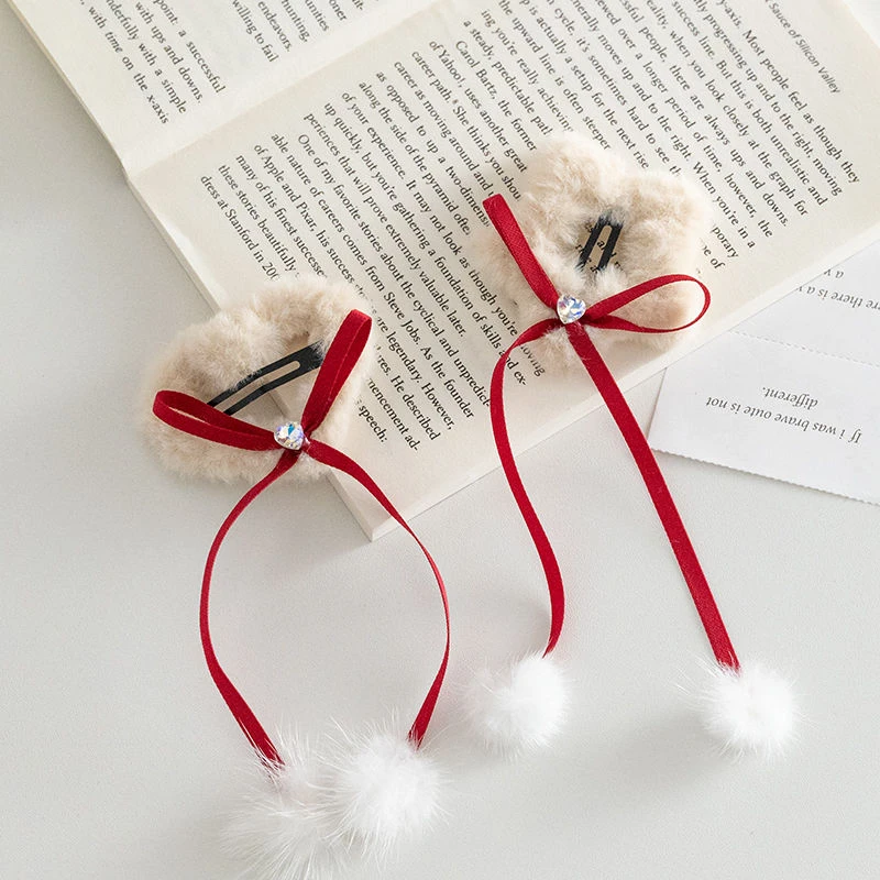 秋冬节日氛围感水钻丝带发夹爱心毛绒侧边边夹气质圣诞毛球发卡女