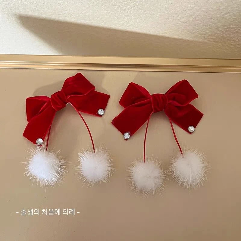 秋冬红色蝴蝶结毛球发夹女甜美公主爱心对夹节日喜庆新年发卡头饰