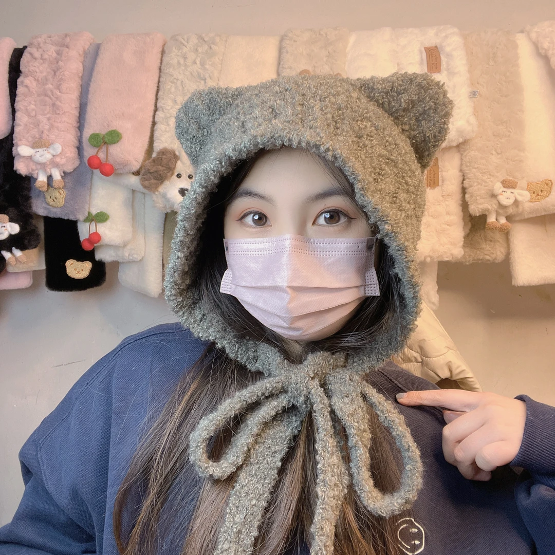 猫耳朵护耳帽子秋冬保暖帽子系带绑带毛绒绒帽子女可爱