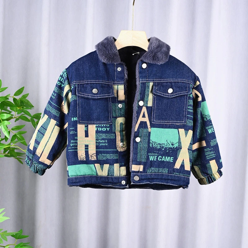 男童加绒牛仔外套韩版儿童洋气加厚夹克上衣中小童秋冬装宝宝衣服