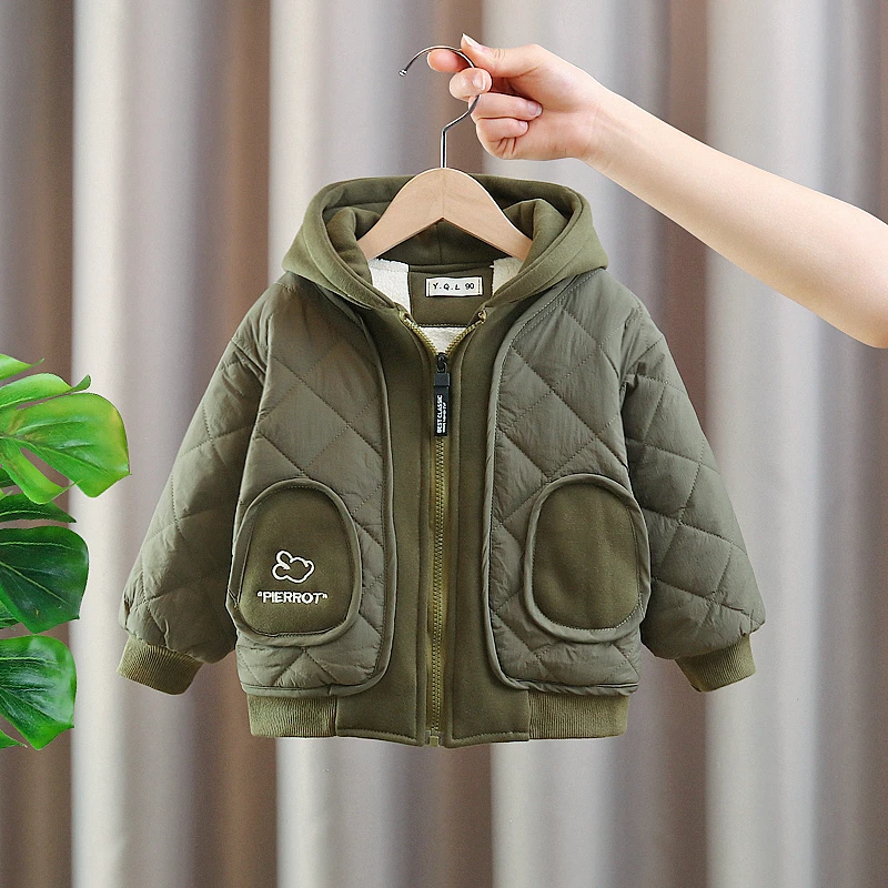 儿童加绒连帽外套韩版男童洋气加厚夹克上衣小童秋冬装女宝宝衣服