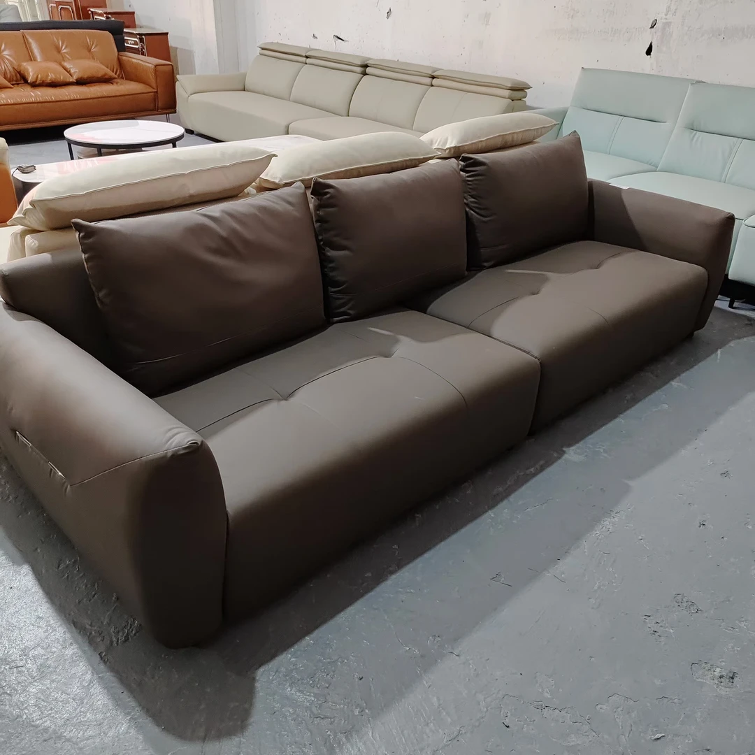 SF1106现代时尚棕色摩卡皮艺三人位沙发2.75米