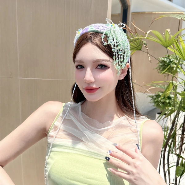 CREAMPP 原创清新肌理提花薄荷曼波流苏串珠甜美发饰优雅宽边发箍