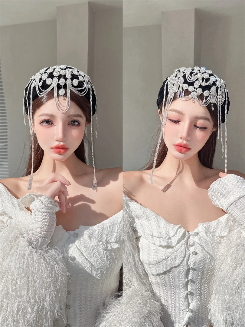 CREAMPP 原创小众异域女神满钻网状流苏前额吊坠编织满天星宽发箍