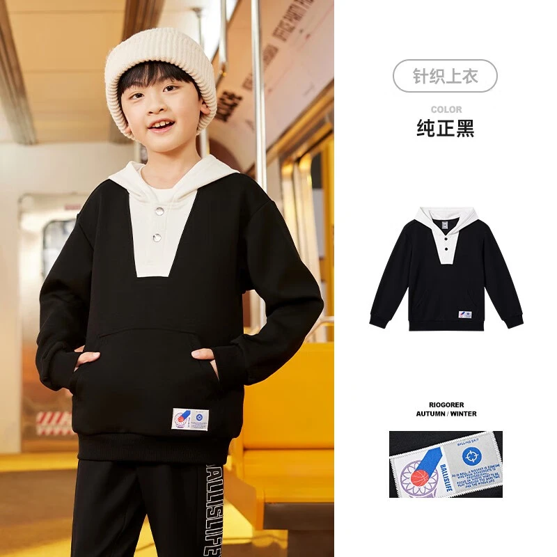 准者运动外套卫衣黑色跑步健身美式青少年宽松儿童连帽保暖上衣