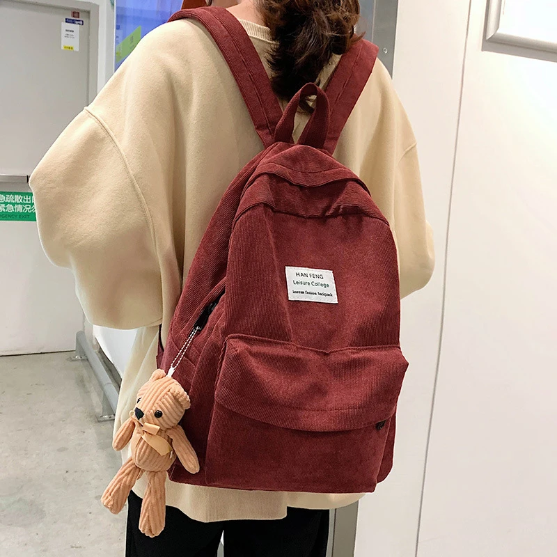 星舵书包女ins风 韩版高中大学生简约森系百搭灯芯绒双肩包大容量