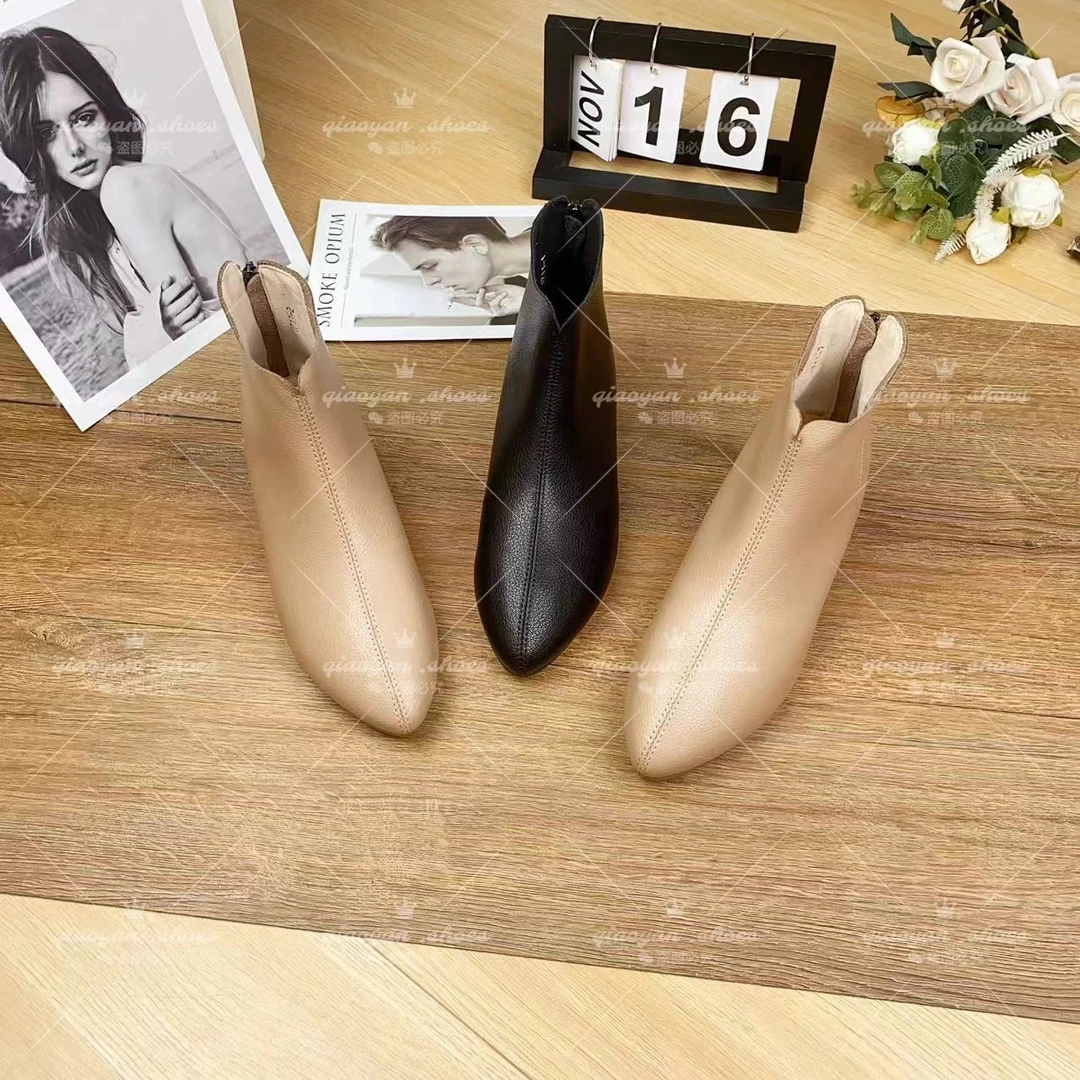 【翘颜品牌】时尚秋冬新款气质休闲简约尖头软底软面短靴女1711绒