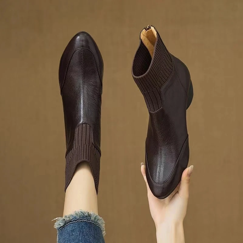 【翘颜品牌】时尚尖头百搭短筒软皮软底中跟简约切尔西瘦瘦靴5371