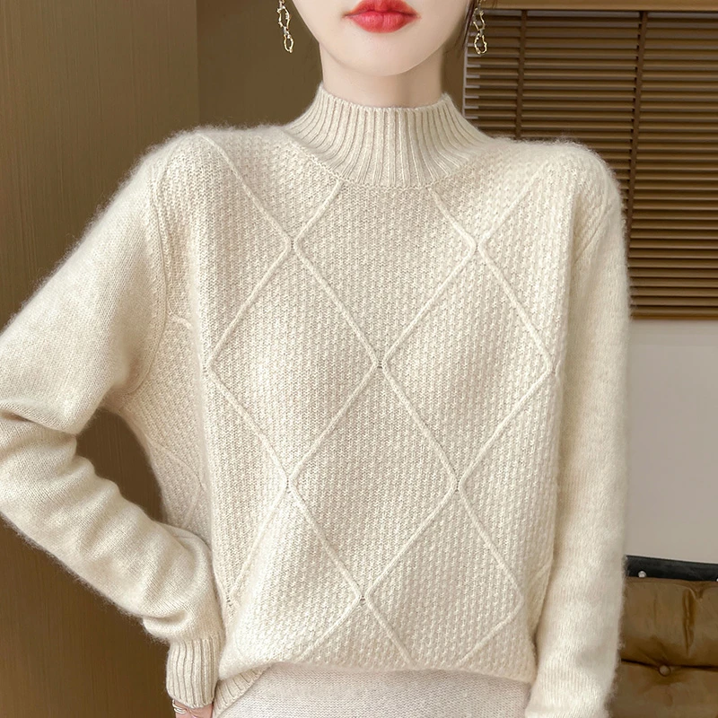 秋冬新款半高领重工加厚菱形绞花100%羊毛衫女通勤简约内搭打底衫
