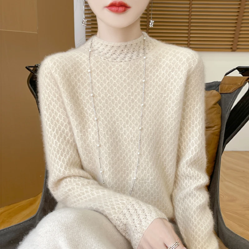 24新款重工七针加厚蜂窝100%羊毛衫女圆领韩系慵懒内搭打底衫秋冬