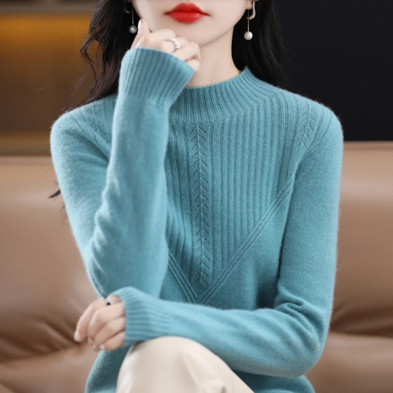 秋冬新款一线成衣扭花半高领100%羊毛衫女纯色修身保暖内搭打底衫