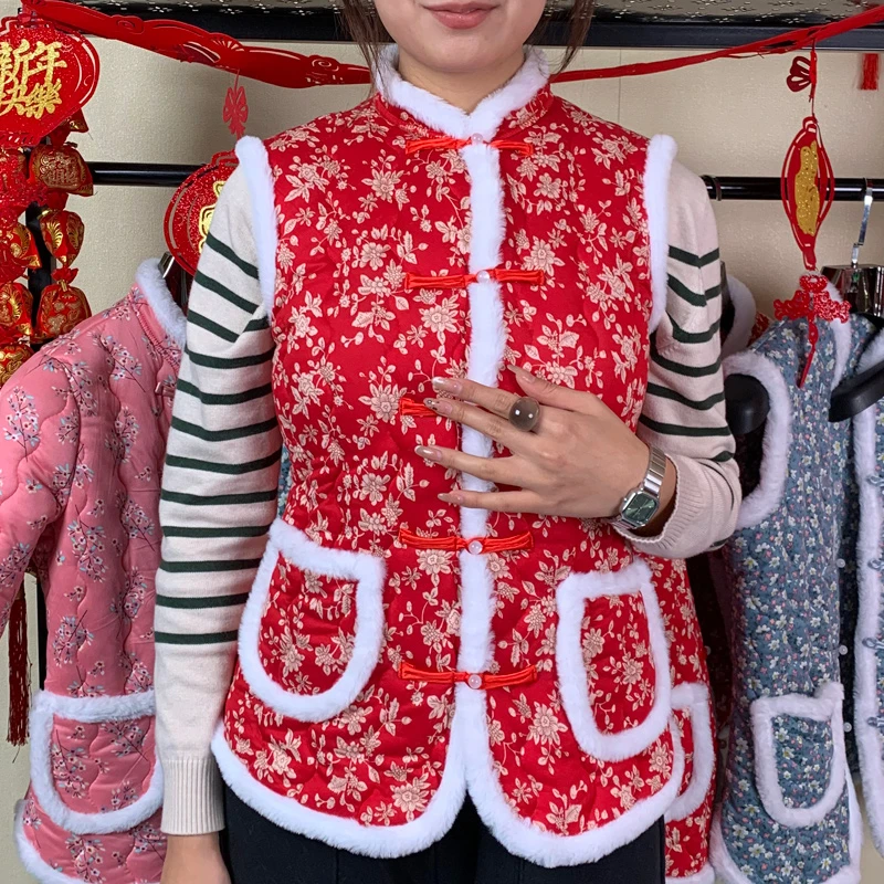 网红白毛棉衣马甲冬季保暖棉坎肩棉马甲女士冬季防寒马夹背心红色