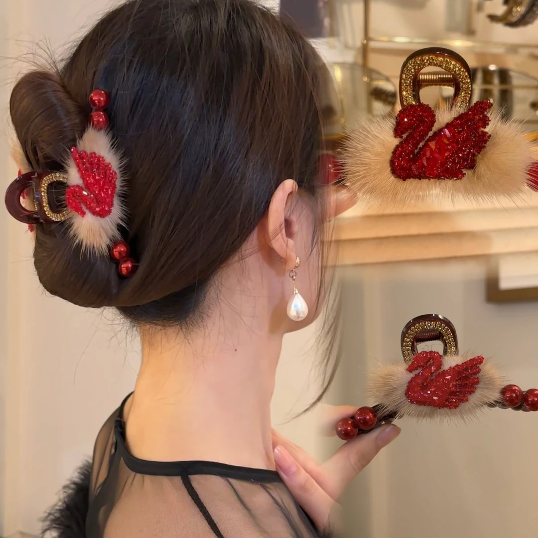 秋冬抓夹韩版红色天鹅轻奢网红轻时尚百搭气质11Cm发夹高颜值头饰