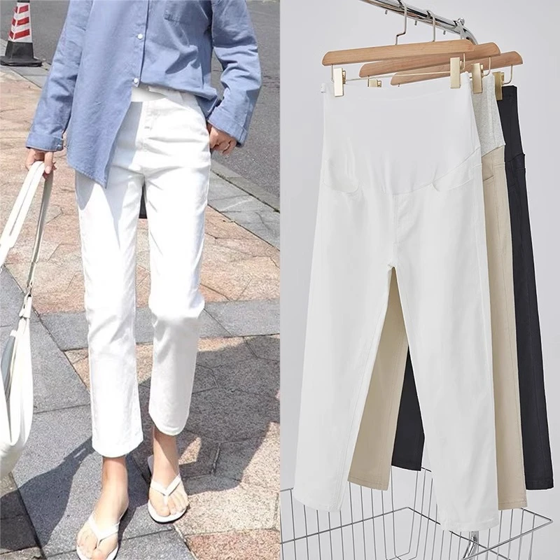 孕妇裤小个子白色春秋加绒直筒休闲裤百搭托腹九分弹力孕妇牛仔裤