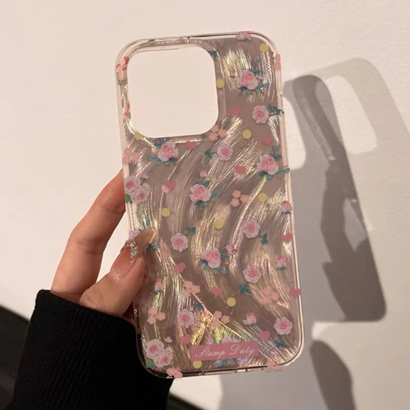 雅粉玫瑰花花羽纱适用苹果15手机壳iphone13/14promax轻奢12软11