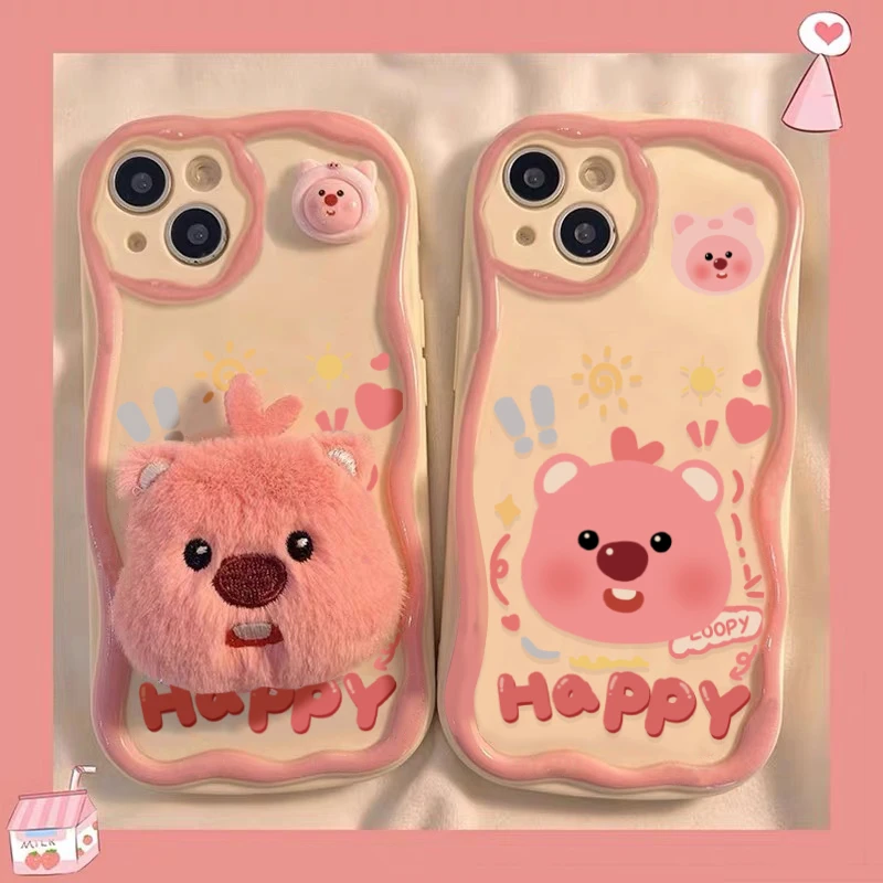happy粉狸支架适用苹果13/14手机壳iphone15promax12软11毛绒公仔