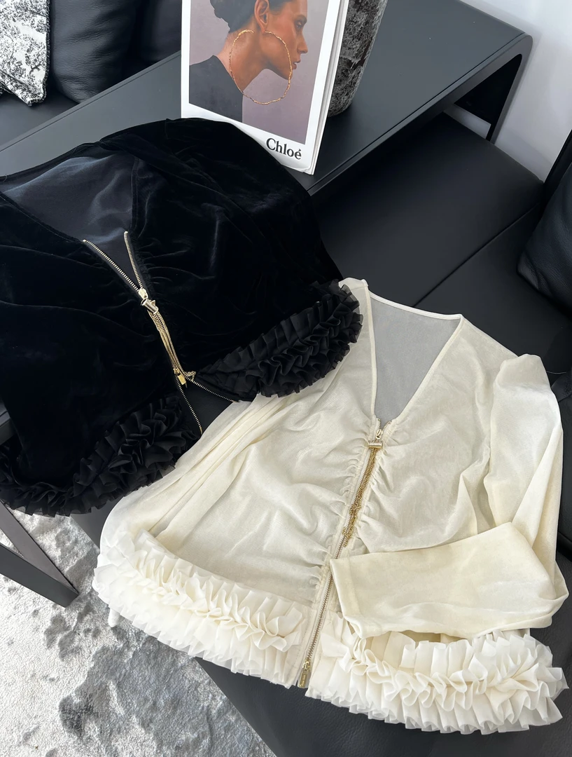 欧货W123正品高级V领丝绒拼接外套女设计感短款长袖上衣女2175