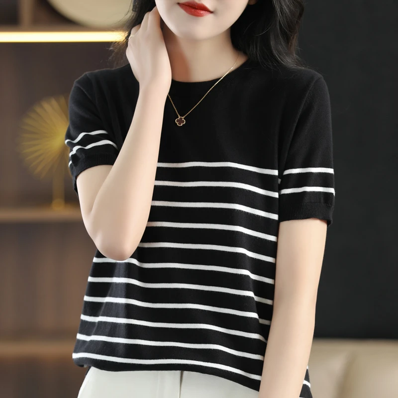 100%纯棉线针织短袖t恤女条纹上衣宽松圆领打底衫2023年新款夏季