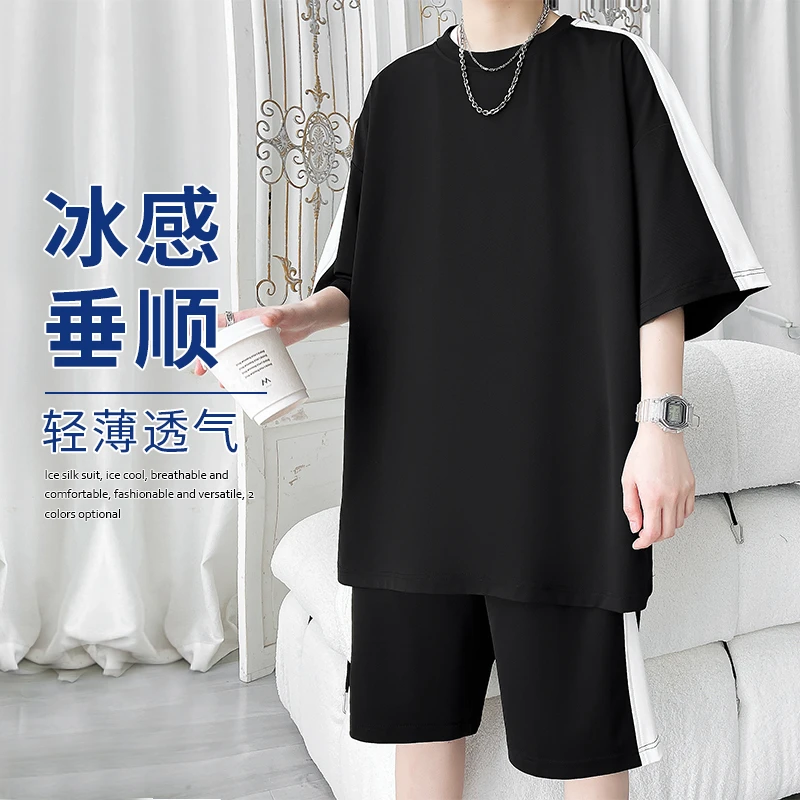 纪珀汀条纹休闲运动套装男夏季透气青少年短袖T恤宽松短裤TZ3302