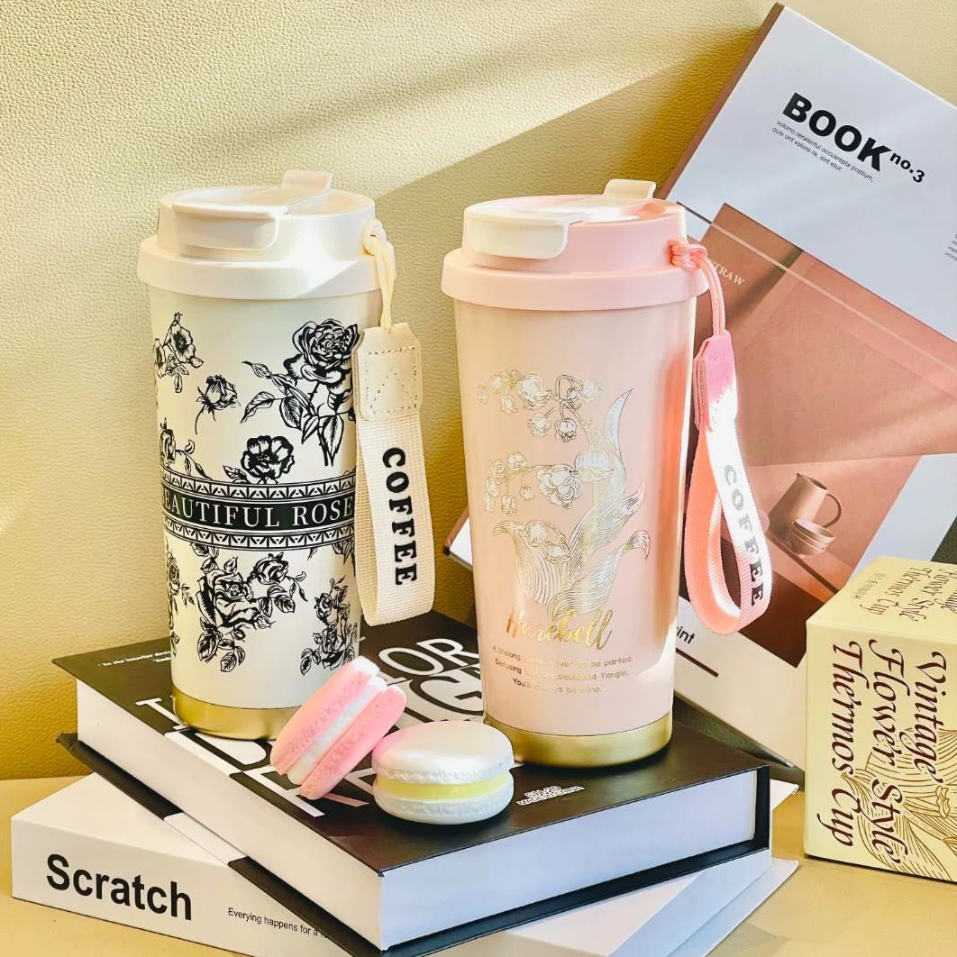 新款网红铃兰咖啡水杯多色高颜值双饮口夏天可保冰冬天保温咖啡杯