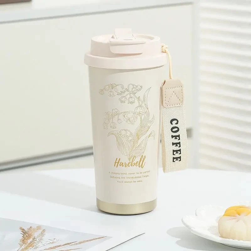 新款情侣铃兰花烫金咖啡杯316内胆双饮杯带盖保温保冰便携咖啡杯