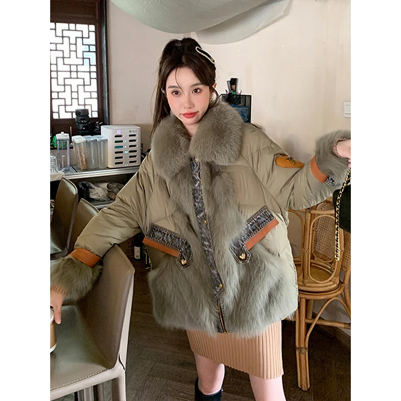 狐狸毛大毛领羽绒拼接貉子毛皮草女冬季新款加厚外套KSKM630