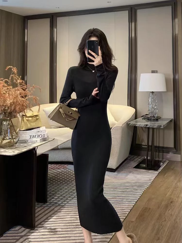 【敲顶曲线】秋冬针织毛衣连衣裙法式内搭气质修身长裙【运补6-8元】