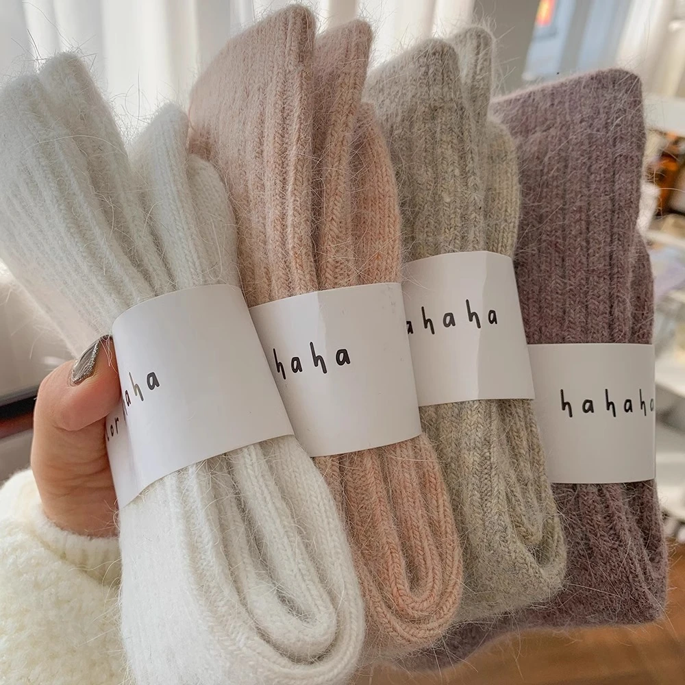 纯色羊毛袜子女长袜加厚保暖秋冬季日系竖条ins潮纯棉兔毛中筒袜