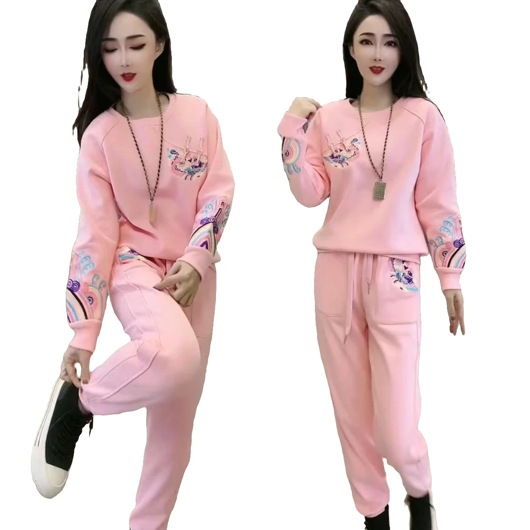 国潮风卫衣套装女2024秋冬款时尚盘扣绣花上衣女休闲运动裤两件套