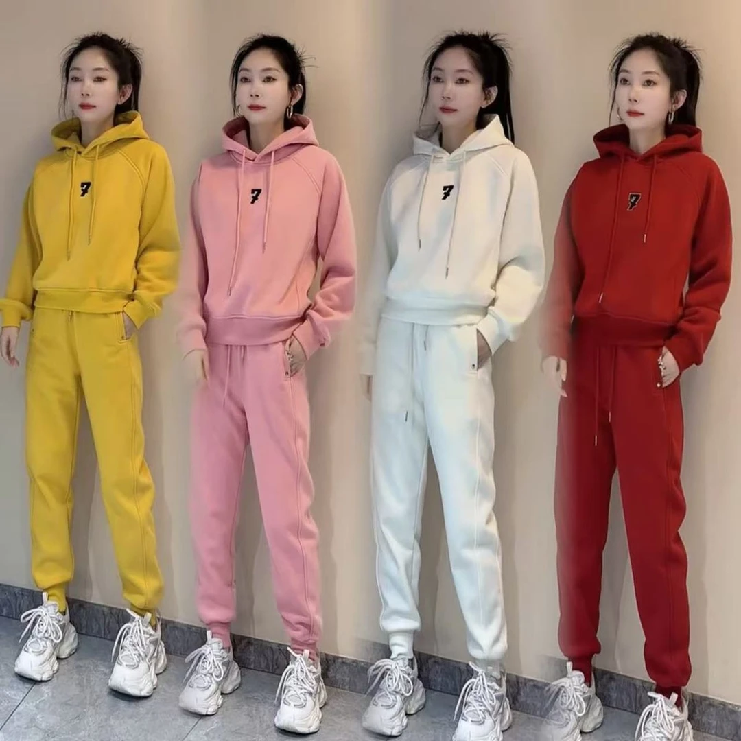 加绒加厚休闲套装女秋冬新款时尚洋气连帽卫衣搭配束脚长裤两件套