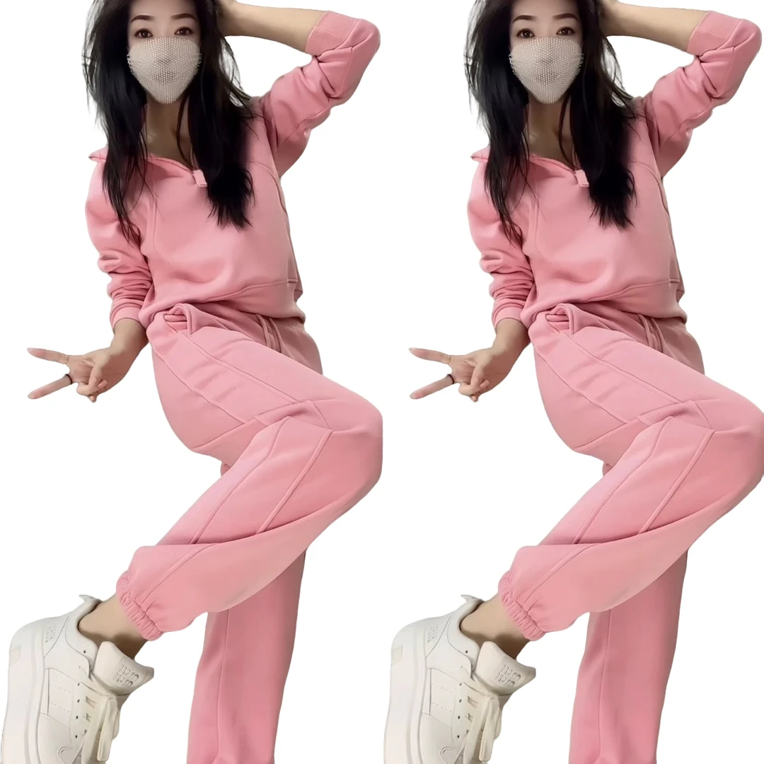 休闲套装2024秋冬款新款简约洋气拉链立领卫衣显瘦卫裤加绒两件套