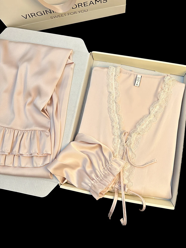 高级感冰丝睡衣女套装春夏季新款长袖甜美蝴蝶结蕾丝边外出家居服