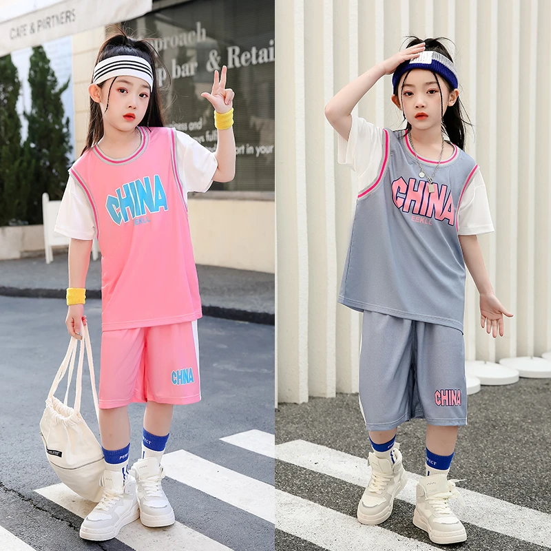 夏季儿童速干运动套装女孩学生中大童时髦女童休闲圆领洋气童装