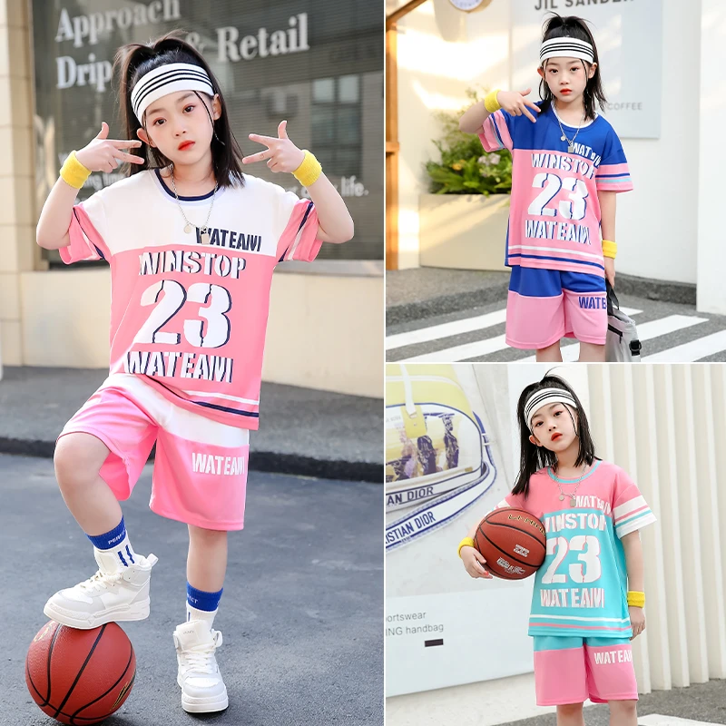 PYRIS夏季2023新款儿童篮球服套装女童时髦休闲运动洋气韩版球服