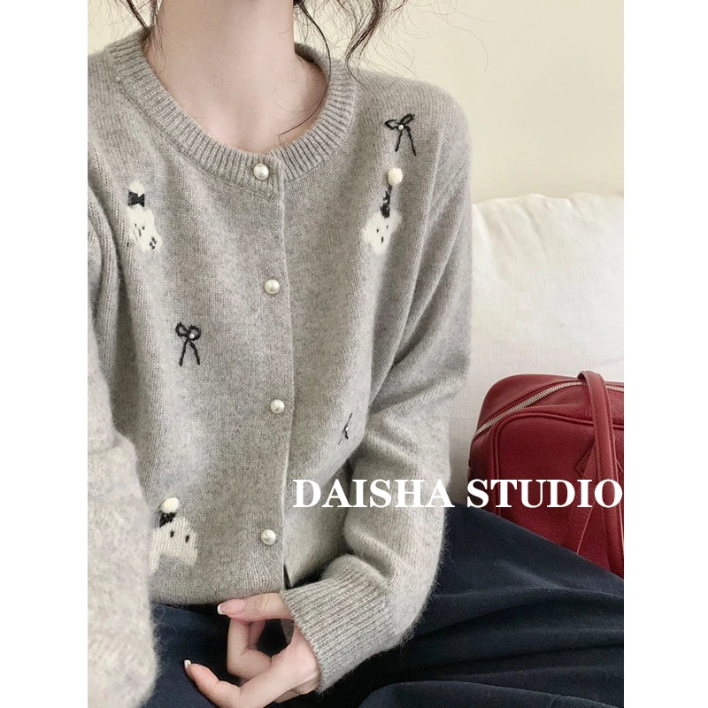 【圣诞狗】甜美蝴蝶结卡通减龄软糯圆领针织开衫女宽松显瘦毛衣外套