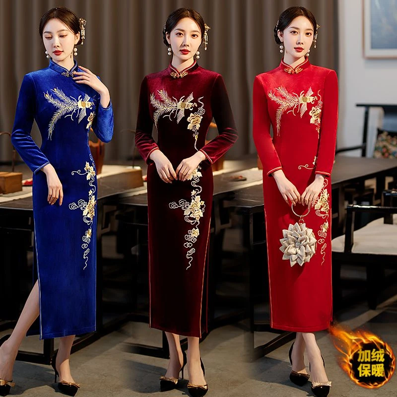 加绒加厚旗袍冬季新款长款保暖中老年女装妈妈装重工刺绣宴会演出