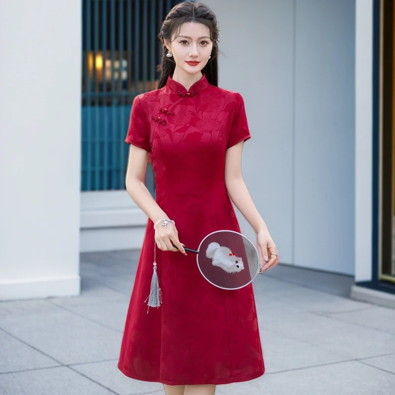 红色高考送考旗袍女2024夏季改良版新款旗袍妈妈装醋酸缎连衣裙女